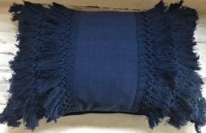 HIGH-QUALITY, DARK-BLUE, FANCY-FRINGE-Y LUMBAR THROW PILLOW