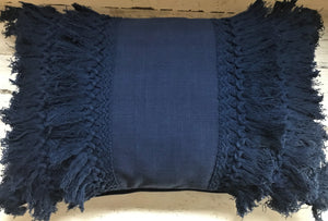 HIGH-QUALITY, DARK-BLUE, FANCY-FRINGE-Y LUMBAR THROW PILLOW