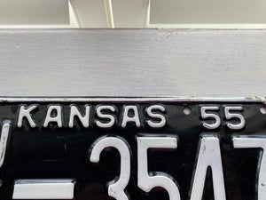 VINTAGE LICENSE PLATE:  1955 KANSAS PLATE--SHAPED, BLACK/WHITE, SO CLASSIC AND COOL