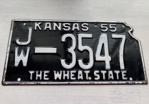 VINTAGE LICENSE PLATE:  1955 KANSAS PLATE--SHAPED, BLACK/WHITE, SO CLASSIC AND COOL