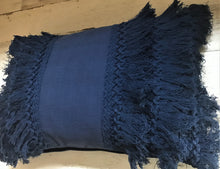 HIGH-QUALITY, DARK-BLUE, FANCY-FRINGE-Y LUMBAR THROW PILLOW