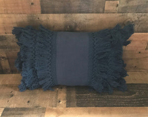 HIGH-QUALITY, DARK-BLUE, FANCY-FRINGE-Y LUMBAR THROW PILLOW