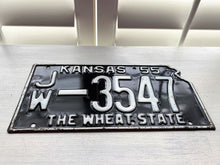 VINTAGE LICENSE PLATE:  1955 KANSAS PLATE--SHAPED, BLACK/WHITE, SO CLASSIC AND COOL