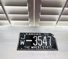 VINTAGE LICENSE PLATE:  1955 KANSAS PLATE--SHAPED, BLACK/WHITE, SO CLASSIC AND COOL