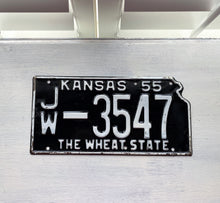 VINTAGE LICENSE PLATE:  1955 KANSAS PLATE--SHAPED, BLACK/WHITE, SO CLASSIC AND COOL