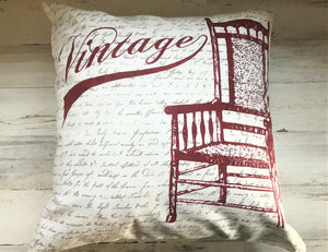 BEAUTIFUL, UNIQUE, IVORY/DEEP-RED "VINTAGE" THROW PILLOW WITH RED CHAIR (DESIGNER)