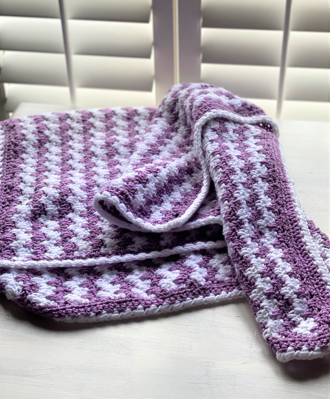 HAND-CRAFTED, LUXURIOUS, LILAC-AND-WHITE CROCHETED BABY BLANKET (STRIPE-Y AND SUPER-SWEET)