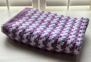 HAND-CRAFTED, LUXURIOUS, LILAC-AND-WHITE CROCHETED BABY BLANKET (STRIPE-Y AND SUPER-SWEET)