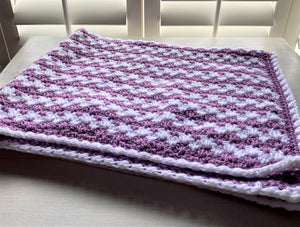 HAND-CRAFTED, LUXURIOUS, LILAC-AND-WHITE CROCHETED BABY BLANKET (STRIPE-Y AND SUPER-SWEET)