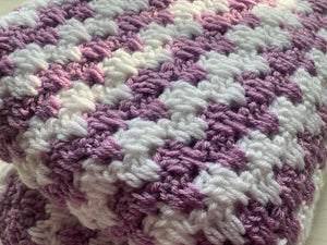 HAND-CRAFTED, LUXURIOUS, LILAC-AND-WHITE CROCHETED BABY BLANKET (STRIPE-Y AND SUPER-SWEET)