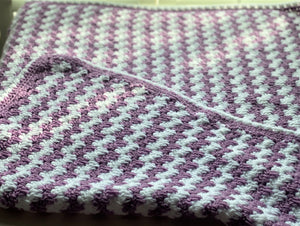 HAND-CRAFTED, LUXURIOUS, LILAC-AND-WHITE CROCHETED BABY BLANKET (STRIPE-Y AND SUPER-SWEET)