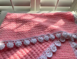 HAND-CRAFTED, EXTRA-BRIGHT PINK, CROCHETED BABY BLANKET (FEATURES "FLUFFLE-EDGE" TRIM)