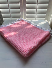 HAND-CRAFTED, EXTRA-BRIGHT PINK, CROCHETED BABY BLANKET (FEATURES "FLUFFLE-EDGE" TRIM)