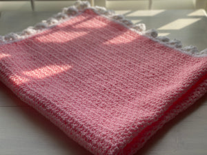 HAND-CRAFTED, EXTRA-BRIGHT PINK, CROCHETED BABY BLANKET (FEATURES "FLUFFLE-EDGE" TRIM)