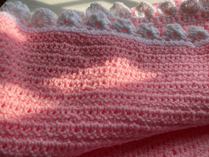 HAND-CRAFTED, EXTRA-BRIGHT PINK, CROCHETED BABY BLANKET (FEATURES "FLUFFLE-EDGE" TRIM)