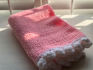 HAND-CRAFTED, EXTRA-BRIGHT PINK, CROCHETED BABY BLANKET (FEATURES "FLUFFLE-EDGE" TRIM)