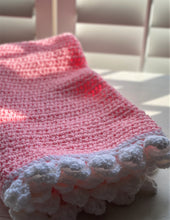 HAND-CRAFTED, EXTRA-BRIGHT PINK, CROCHETED BABY BLANKET (FEATURES "FLUFFLE-EDGE" TRIM)