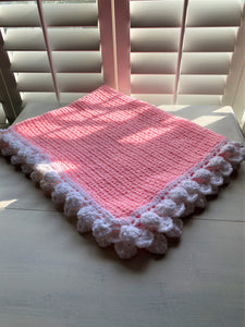 HAND-CRAFTED, EXTRA-BRIGHT PINK, CROCHETED BABY BLANKET (FEATURES "FLUFFLE-EDGE" TRIM)