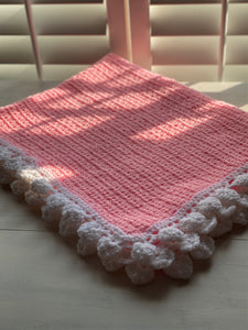 HAND-CRAFTED, EXTRA-BRIGHT PINK, CROCHETED BABY BLANKET (FEATURES "FLUFFLE-EDGE" TRIM)