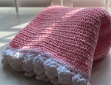 HAND-CRAFTED, EXTRA-BRIGHT PINK, CROCHETED BABY BLANKET (FEATURES "FLUFFLE-EDGE" TRIM)