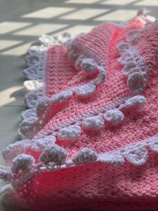 HAND-CRAFTED, EXTRA-BRIGHT PINK, CROCHETED BABY BLANKET (FEATURES "FLUFFLE-EDGE" TRIM)