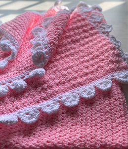 HAND-CRAFTED, EXTRA-BRIGHT PINK, CROCHETED BABY BLANKET (FEATURES "FLUFFLE-EDGE" TRIM)