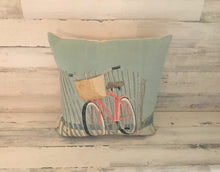 PRETTY, PRETTY, PRETTY! PINK BICYCLE ON THE BEACH EMBROIDERED-LOOK THROW PILLOW