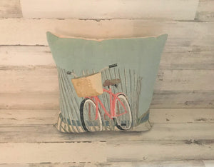 PRETTY, PRETTY, PRETTY! PINK BICYCLE ON THE BEACH EMBROIDERED-LOOK THROW PILLOW