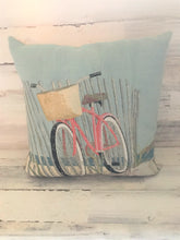 PRETTY, PRETTY, PRETTY! PINK BICYCLE ON THE BEACH EMBROIDERED-LOOK THROW PILLOW