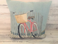 PRETTY, PRETTY, PRETTY! PINK BICYCLE ON THE BEACH EMBROIDERED-LOOK THROW PILLOW