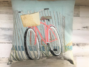 PRETTY, PRETTY, PRETTY! PINK BICYCLE ON THE BEACH EMBROIDERED-LOOK THROW PILLOW