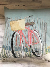 PRETTY, PRETTY, PRETTY! PINK BICYCLE ON THE BEACH EMBROIDERED-LOOK THROW PILLOW