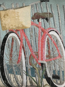 PRETTY, PRETTY, PRETTY! PINK BICYCLE ON THE BEACH EMBROIDERED-LOOK THROW PILLOW