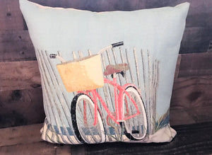 PRETTY, PRETTY, PRETTY! PINK BICYCLE ON THE BEACH EMBROIDERED-LOOK THROW PILLOW