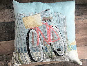 PRETTY, PRETTY, PRETTY! PINK BICYCLE ON THE BEACH EMBROIDERED-LOOK THROW PILLOW