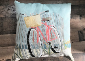 PRETTY, PRETTY, PRETTY! PINK BICYCLE ON THE BEACH EMBROIDERED-LOOK THROW PILLOW