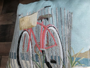 PRETTY, PRETTY, PRETTY! PINK BICYCLE ON THE BEACH EMBROIDERED-LOOK THROW PILLOW