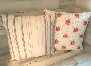 EXTRA-PRETTY, FARMHOUSE-STYLE SQUARE THROW PILLOW WITH TICKING-STRIPE AND FLORAL PATTERNS