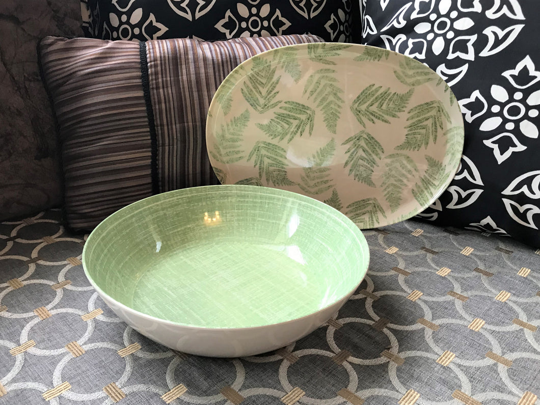 SPRINGTIME/SUMMERTIME LIGHT GREEN/CREAM SERVING BOWL AND FERN-PATTERN SMALL TRAY TWO-PIECE SET