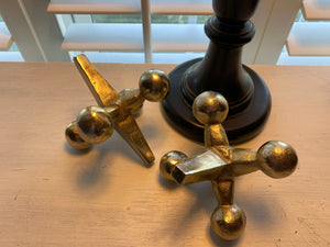 TWO JUMBO, GOLD-ISH CAST-ALUMINUM JACKS (SOLD AS A SET):  FUN DECOR! CAN BE USED AS BOOKENDS