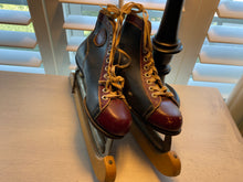 VINTAGE CANADIAN FLYER TORPEDO BLACK/MAROON, LEATHER ICE SKATES (COMPLETE WITH WOOD BLADE COVERS)--MADE IN THE USA AND POSSIBLY FROM THE 1930S-1940S