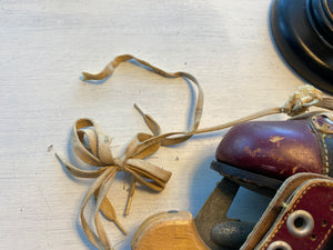 VINTAGE CANADIAN FLYER TORPEDO BLACK/MAROON, LEATHER ICE SKATES (COMPLETE WITH WOOD BLADE COVERS)--MADE IN THE USA AND POSSIBLY FROM THE 1930S-1940S