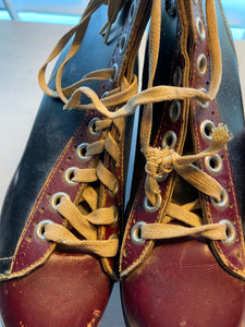 VINTAGE CANADIAN FLYER TORPEDO BLACK/MAROON, LEATHER ICE SKATES (COMPLETE WITH WOOD BLADE COVERS)--MADE IN THE USA AND POSSIBLY FROM THE 1930S-1940S