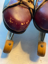 VINTAGE CANADIAN FLYER TORPEDO BLACK/MAROON, LEATHER ICE SKATES (COMPLETE WITH WOOD BLADE COVERS)--MADE IN THE USA AND POSSIBLY FROM THE 1930S-1940S