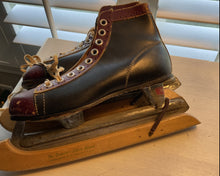 VINTAGE CANADIAN FLYER TORPEDO BLACK/MAROON, LEATHER ICE SKATES (COMPLETE WITH WOOD BLADE COVERS)--MADE IN THE USA AND POSSIBLY FROM THE 1930S-1940S