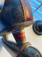 VINTAGE CANADIAN FLYER TORPEDO BLACK/MAROON, LEATHER ICE SKATES (COMPLETE WITH WOOD BLADE COVERS)--MADE IN THE USA AND POSSIBLY FROM THE 1930S-1940S