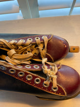 VINTAGE CANADIAN FLYER TORPEDO BLACK/MAROON, LEATHER ICE SKATES (COMPLETE WITH WOOD BLADE COVERS)--MADE IN THE USA AND POSSIBLY FROM THE 1930S-1940S