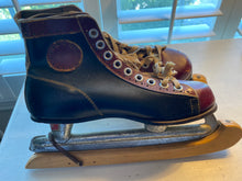 VINTAGE CANADIAN FLYER TORPEDO BLACK/MAROON, LEATHER ICE SKATES (COMPLETE WITH WOOD BLADE COVERS)--MADE IN THE USA AND POSSIBLY FROM THE 1930S-1940S