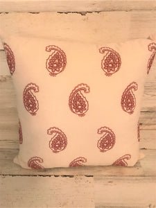 IVORY THROW PILLOW WITH RED PAISLEY PRINT (ALL READY FOR THE WILD WEST, FARMHOUSE, OR THE FOURTH OF JULY)