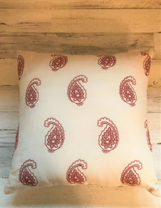 IVORY THROW PILLOW WITH RED PAISLEY PRINT (ALL READY FOR THE WILD WEST, FARMHOUSE, OR THE FOURTH OF JULY)